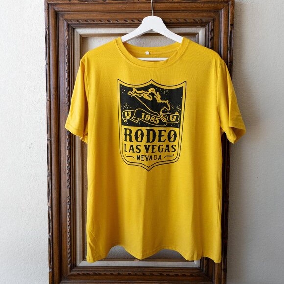 Rodeo Tee Womens Sz XL Yellow Black Retro 1985 Graphic Short Sleeve Western - Picture 1 of 4